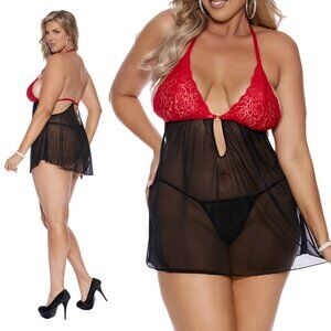 Red Lace Halter Babydoll with Rhinestone Accent & G-String